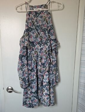 BCBGeneration White Floral Halter Dress with Pink and Green Blooms